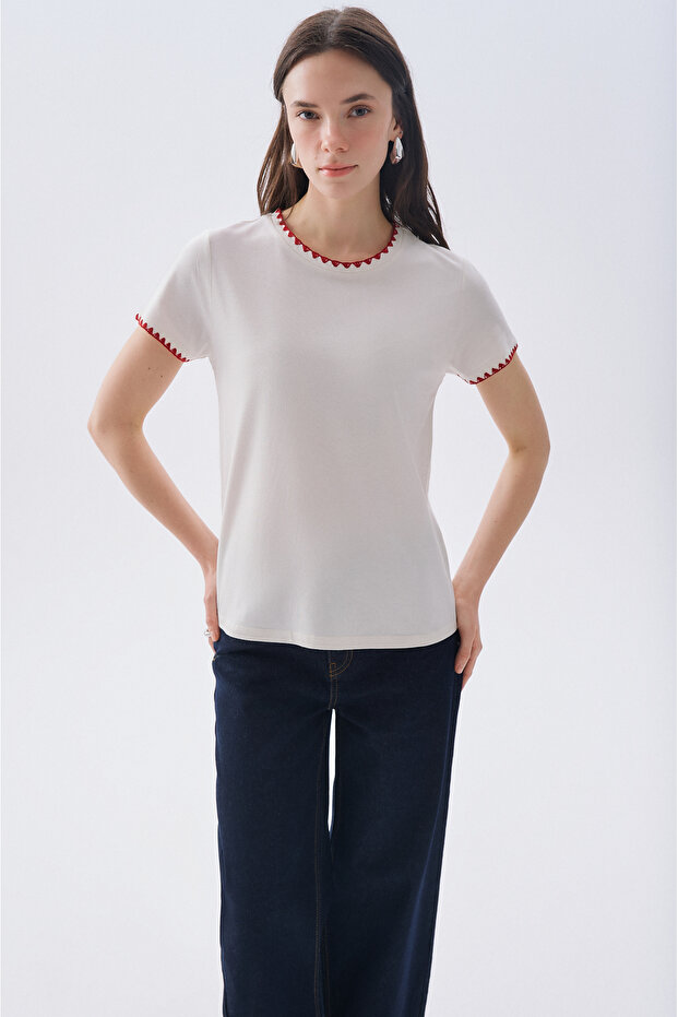 Women's Off-White Embroidered Crew Neck T-Shirt