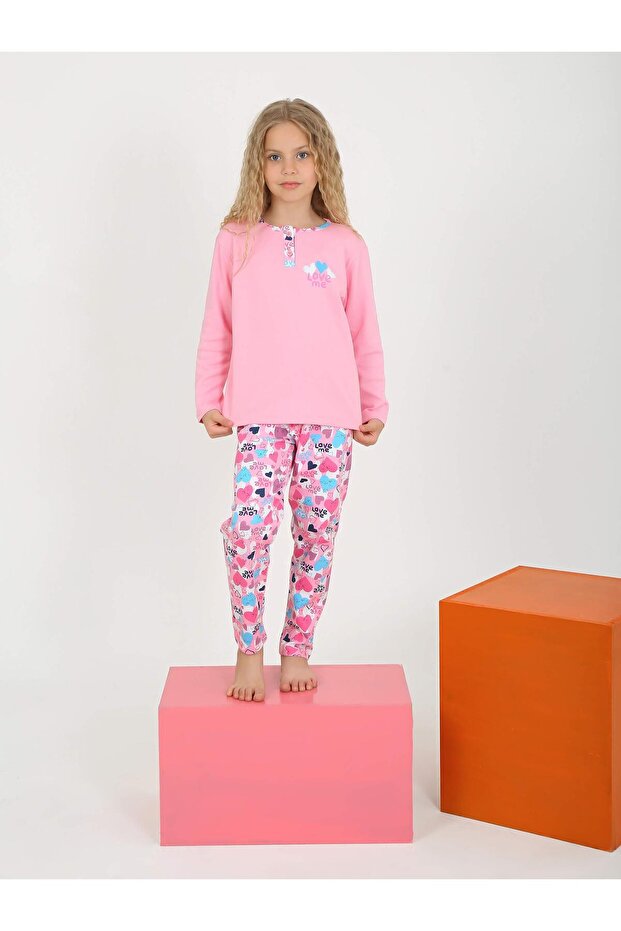 Girl's Long Sleeve 100% Cotton Button Detailed Pajama Set Love Me