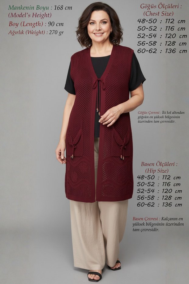 Plus Size Knitwear Women's Oversized Summer Cotton Pack Anti-Sweat Lace-Like Knit Long Tunic Mother Claret Red Vest