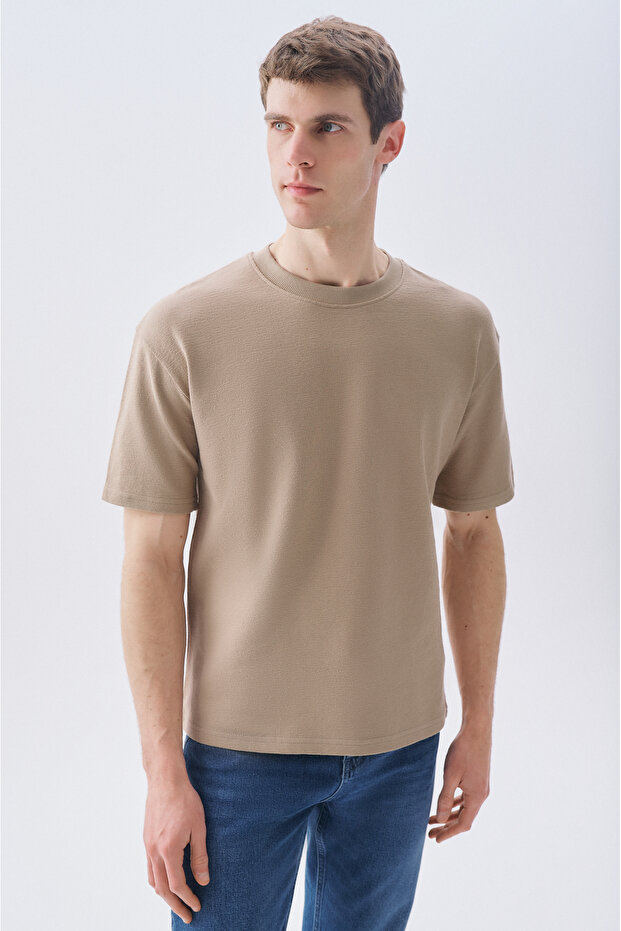 Men's Beige Oversize Crew Neck T-Shirt