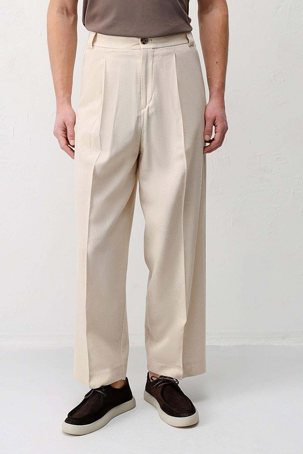 Beige High Waist Pleated Relax Fit Men's Trousers