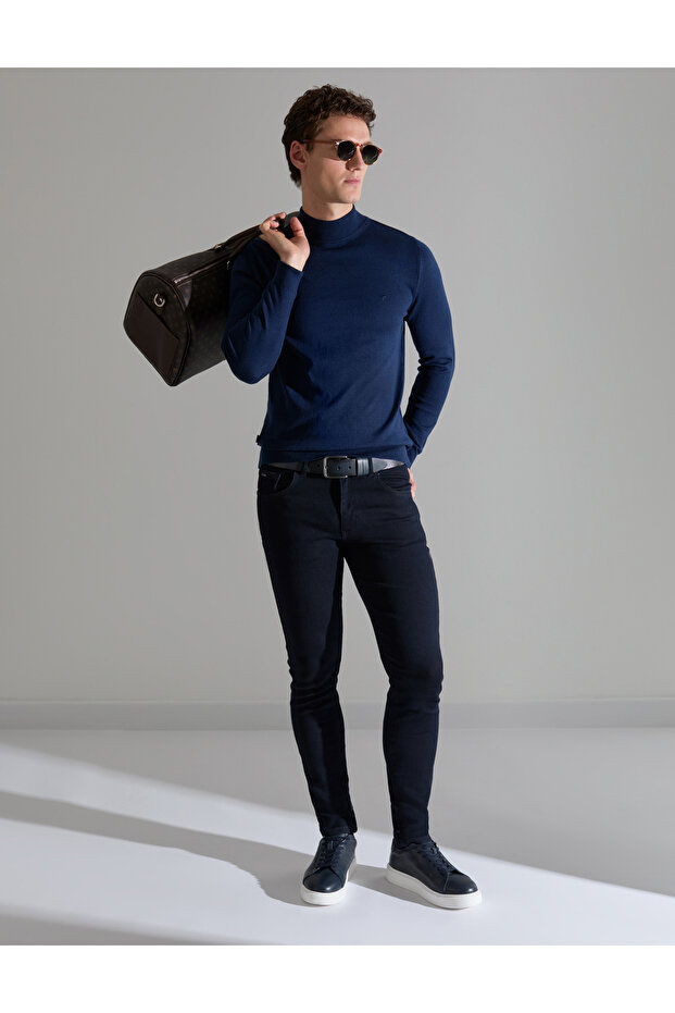Light Navy Blue Slim Fit Half Turtleneck Basic Knitwear Sweater 50314176-Vr059