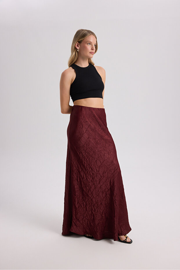 Eubah Wrinkled Long Burgundy Satin Skirt