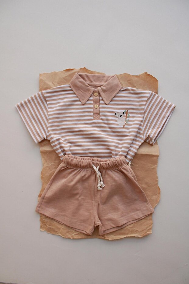 Dark Beige Striped Koala Embroidered Polo Neck Shorts Suit