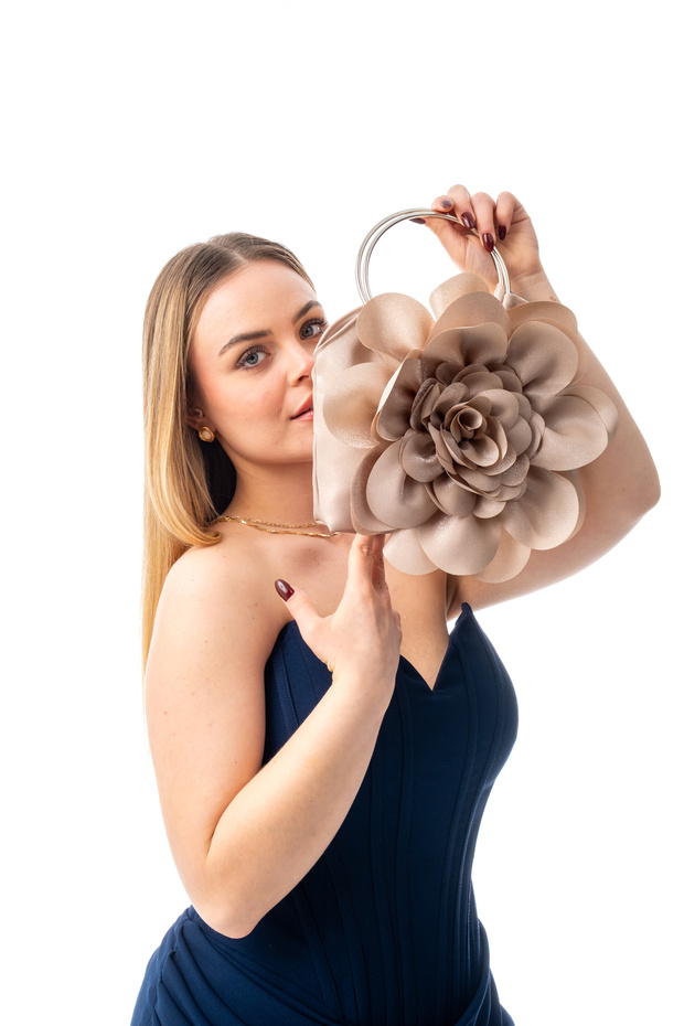 MILA | Silver Metal Round Handle Rose Flower Design Evening Bag - Wedding Engagement Chic Evening Bag