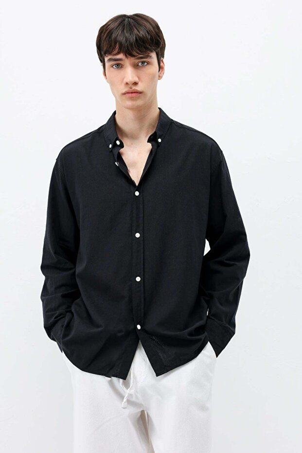 Basic Oversize Cotton Linen Shirt Black - 2