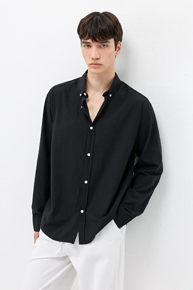 Basic Oversize Cotton Linen Shirt Black - 6