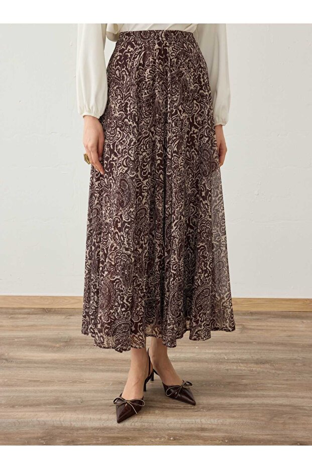 Shawl Patterned Chiffon Skirt - Brown Patterned - - 3