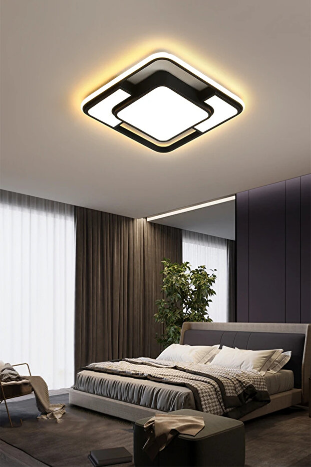 CATLUZ Işık Karesi Kumandalı Dimli 3 Işık Renkli 50x50cm Led Tavan Lambası, Modern Aydınlatma, Avize