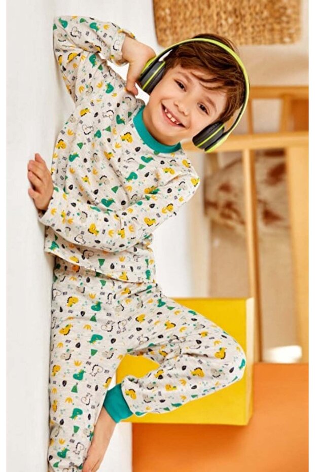 Boys' Dinosaur Printed Long Sleeve Pajama Set 3-8 Years Green