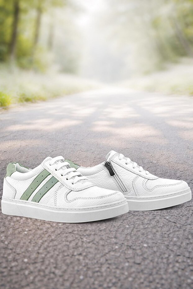 Genuine Leather White Green Lace-Up Zippered Children's Shoes Sneakers
