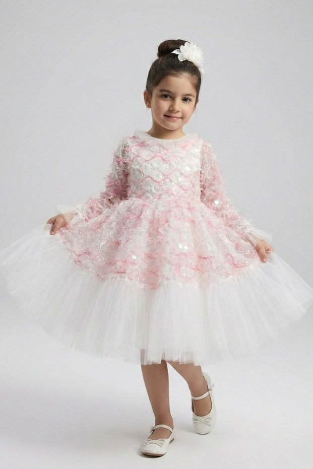 Girls Bell Sleeve Tulle Detail Puffy Skirt Special Occasion Wedding Dress M00793 PINK