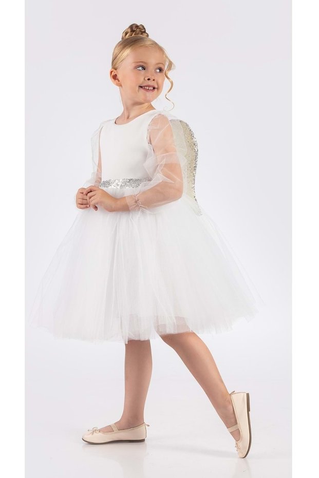 Winged Girl's Chiffon Sleeve Evening Dress Mnk0534 White