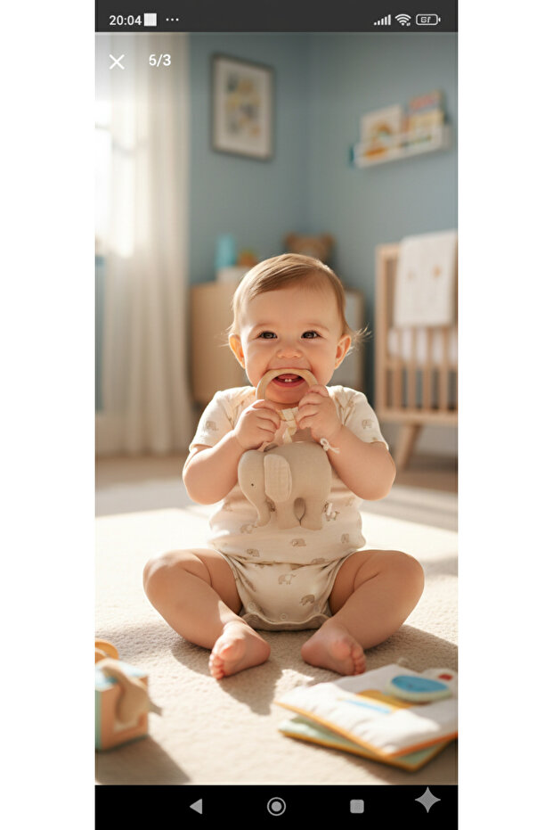 100% Cotton Muslin Elephant Toy - Natural Wooden Teether / Baby Room Decor