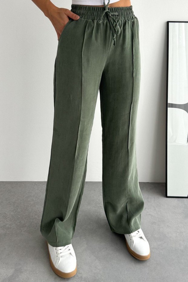 Lace-Up Elastic Waist Striped Palazzo Gabardine Women's Trousers 1205 -Form Series