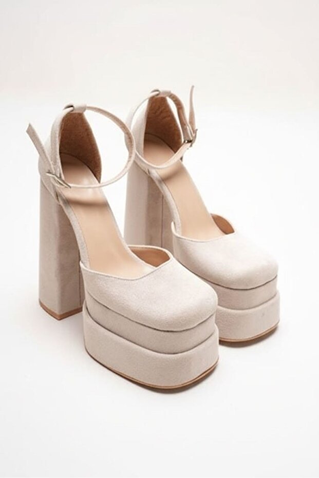 Figooo Beige Suede Double Platform Block Heel Women's Shoes / Ankle-Tie Blunt Toe