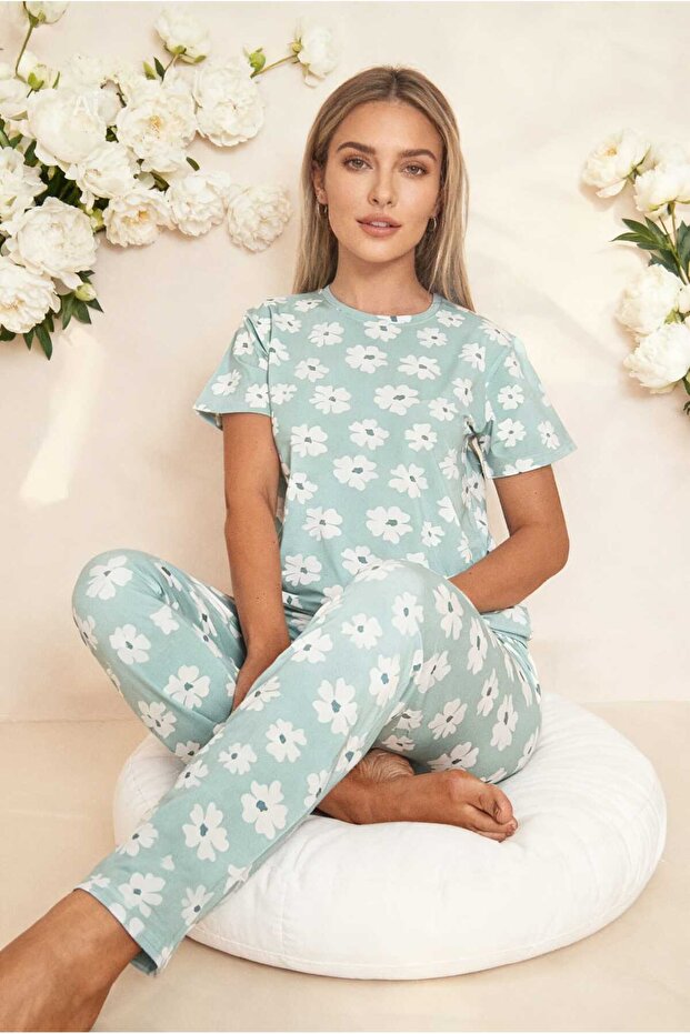 Light Green White Floral Pattern Crew Neck Milan Kumal Spring Women's Pajama Set