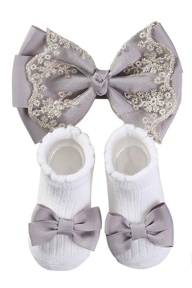 - Aaliyah Socks & Cute Ribbon Big Bow Headband Set - Grey