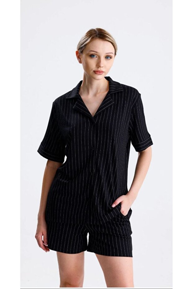 Women's Cotton Shirt Collar Buttoned Striped Shorts Pajamas Set