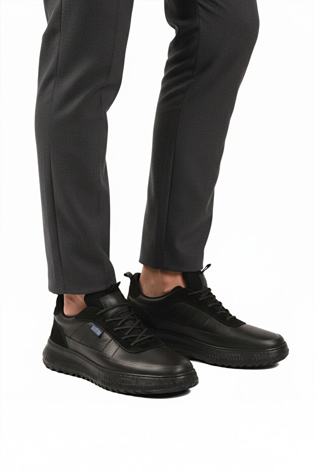 Black Genuine Leather Lace-Up Men's Casual Shoes