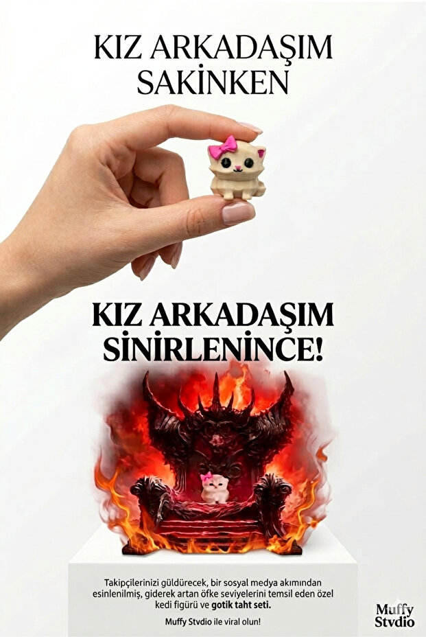 Muffy Stvdio "Kız Arkadaşım Sinirlenince" Akımı Özel Tasarım Gotik Taht ve Sevimli Kedi Figür Seti