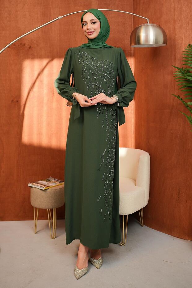 Green Crew Neck Stone Embroidered Evening Dress