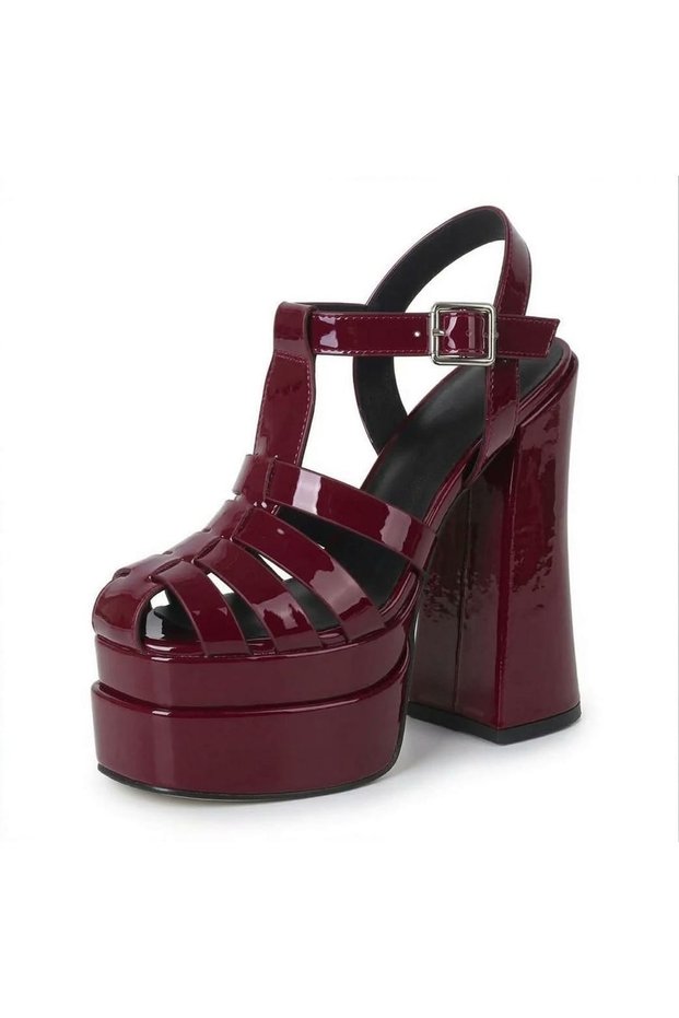 Camila Burgundy Patent Leather Double Platform Design Women's Shoes