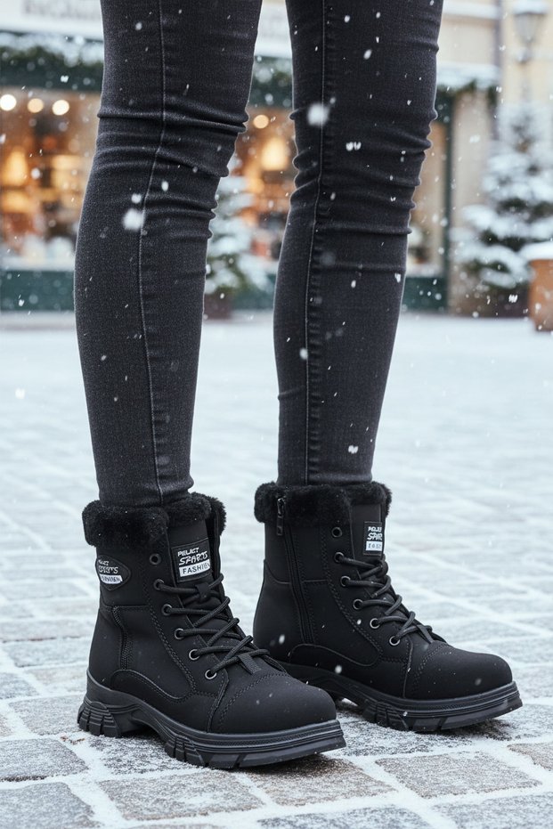 Black Zippered Lace-Up Detailed Women's Sneaker Boots with Fleece Inside