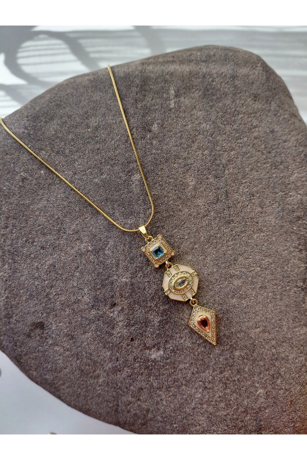 Zircon Stone Chakra Elemental Three-Stone Vintage Dangle Y Steel Necklace