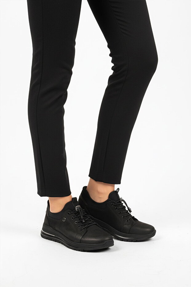 Black Nubuck Rubber Laced Women's Casual Shoes