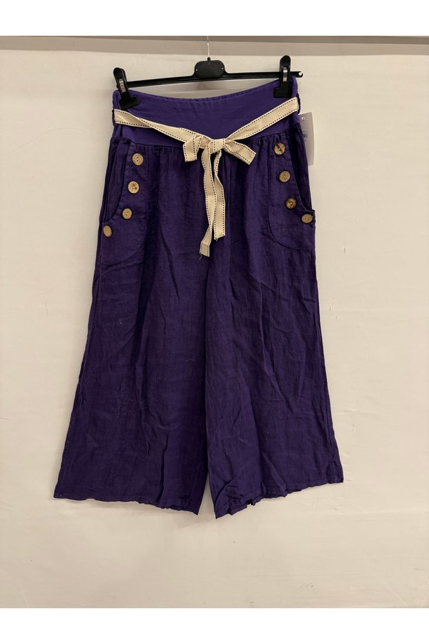 Women's Purple Italian Pocket Buttoned Rope Ke Belt Bo Wide-Leg E Linen Antolon