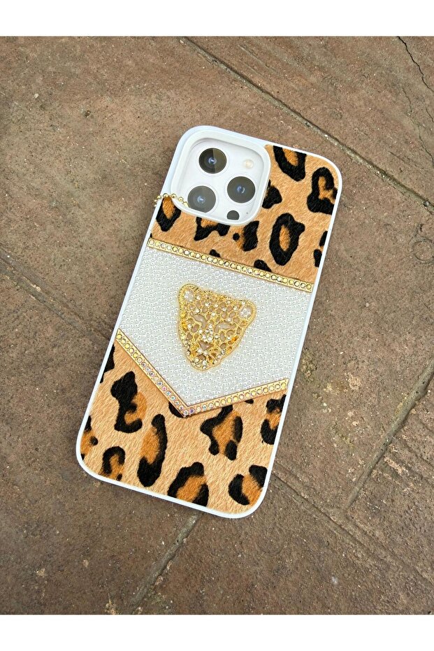 iPhone 13 Pro Max White Color L Leopard Printed Stone-Flocked Premium Case
