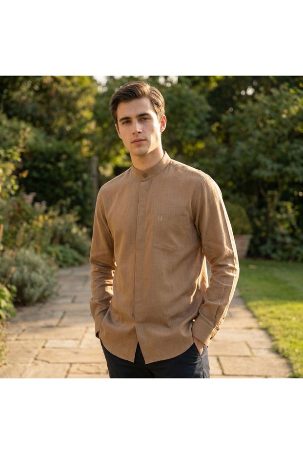 Ensar Shirt Anti-Sweat 100% Cotton Flared Linen Hidden Placket Long Sleeve Metal Snap Fasteners Brown Color