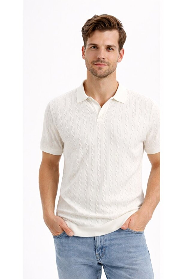 Men's Polo Neck Patterned Knitwear T-Shirt 34215 Ecru