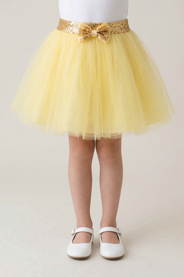 Girl's Yellow Waist Sequined Ribbon Detailed Tutu Skirt April 23 October 29 Show Skirt