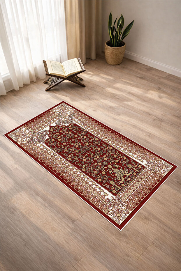 Classic Patterned Digital Print Pcs Non-Slip Sole Washable Burgundy Prayer Rug