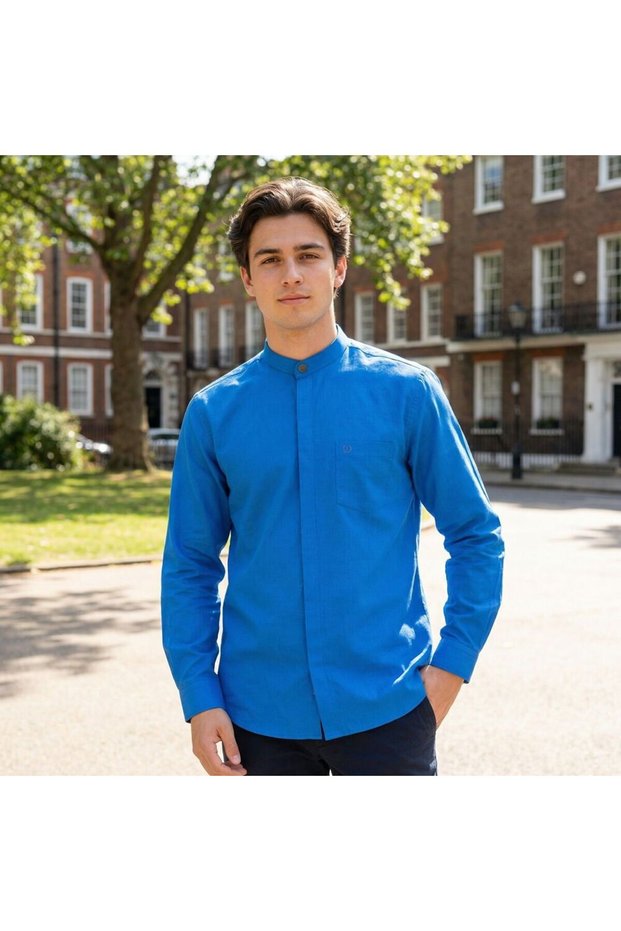 Ensar Shirt Anti-Sweat 100% Cotton Flared Linen Hidden Placket Long Sleeve Metal Snap Fasteners Cobalt Blue Color