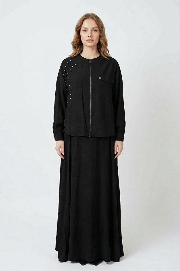 Front Zipper Beaded Detailed Bat Sleeve Bolero Dress Set 940 Black