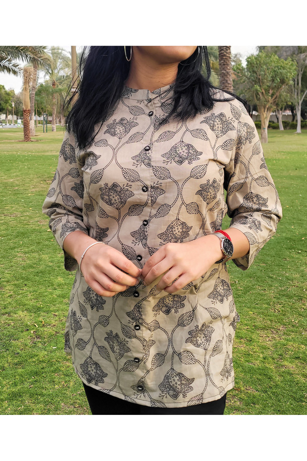 Premium beige cotton top/ blouse with black floral prints for women- perfect for office/ casual wear