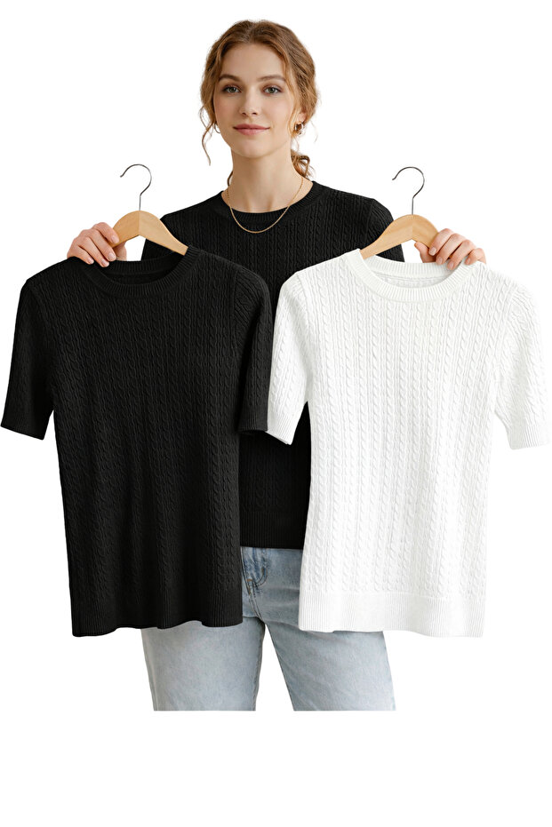 Black and White Double Short Sleeve Crew Neck S Slim Fit Women's Summer Sweatshirt