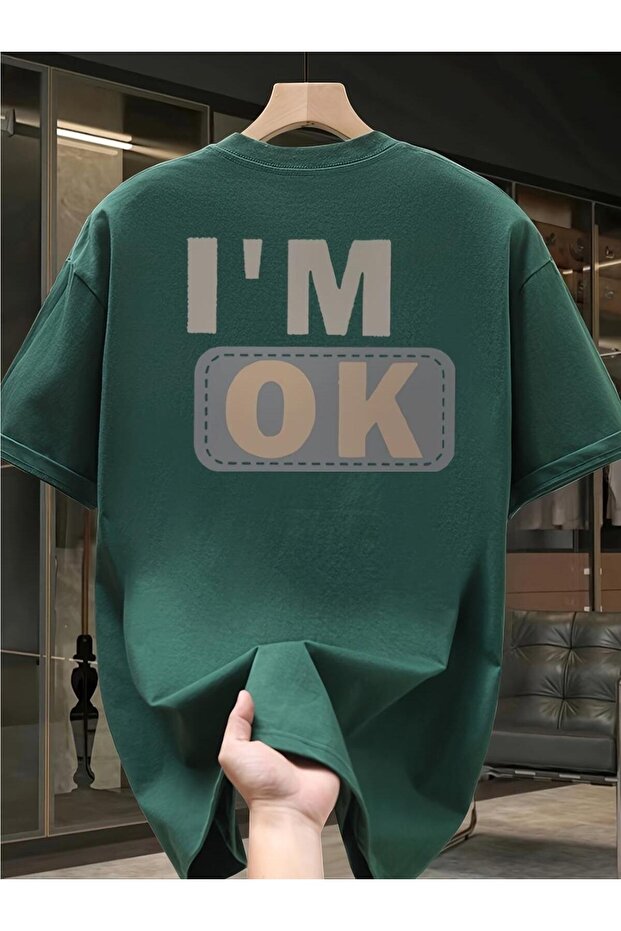 Unisex "I'M Ok" Printed Oversized Cotton T-Shirt - Special Design Patch Detail