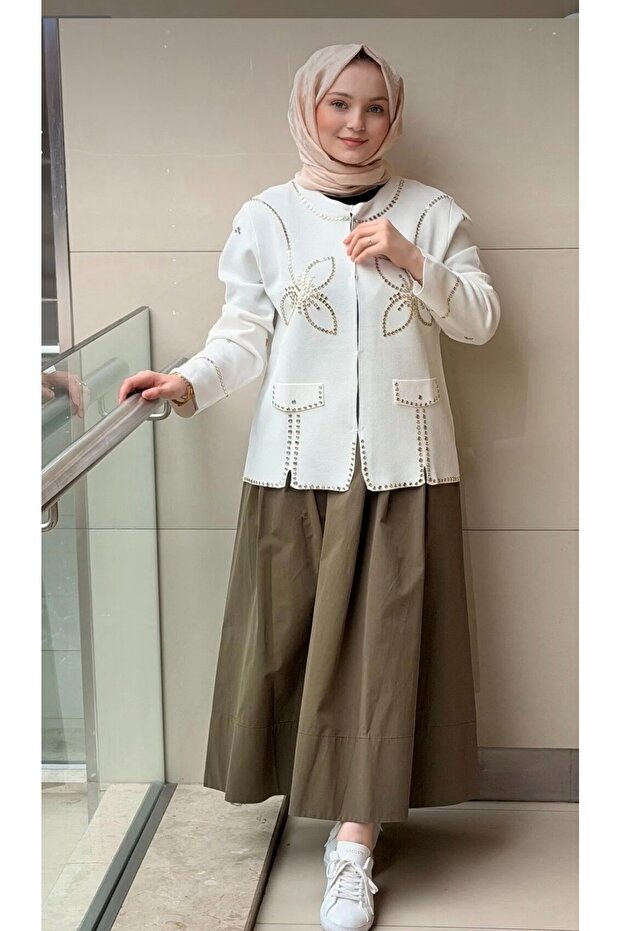 Mirror Printed Embroidered Mercerized Cardigan