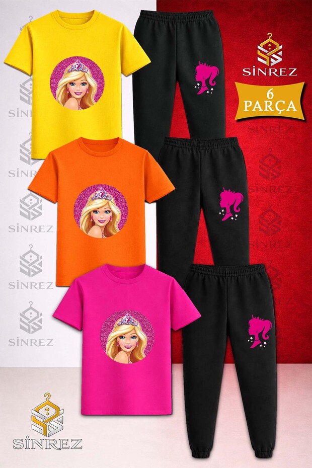 Children's Princess Brb Crown Circle Icnde Printed 3LÜ Tshirt Tracksuit Set