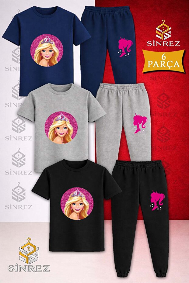 Children's Princess Brb Crown Circle Icnde Printed 3LÜ Tshirt Tracksuit Set