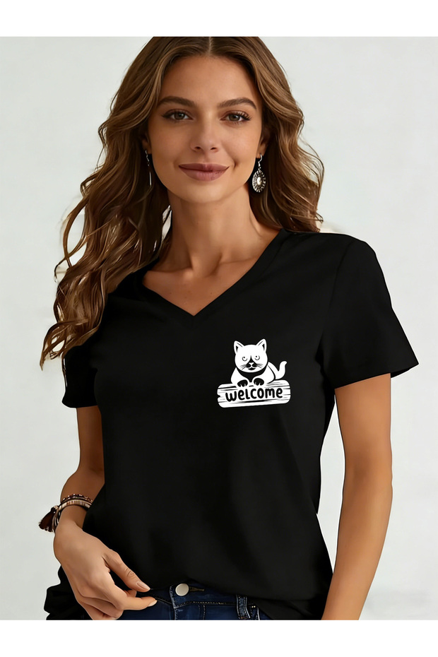 Women's Cat Printed V-Neck Sleeved Regular Fit T-Shirt