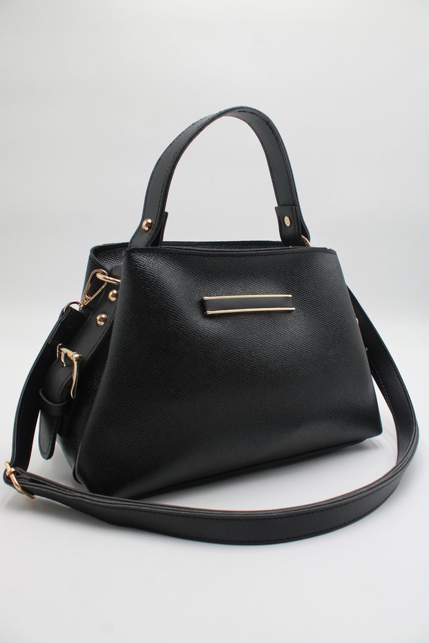 Women's Black Crossbody Hand and Shoulder Bag with Internal Pocket, Front Accessories and Belt Detail