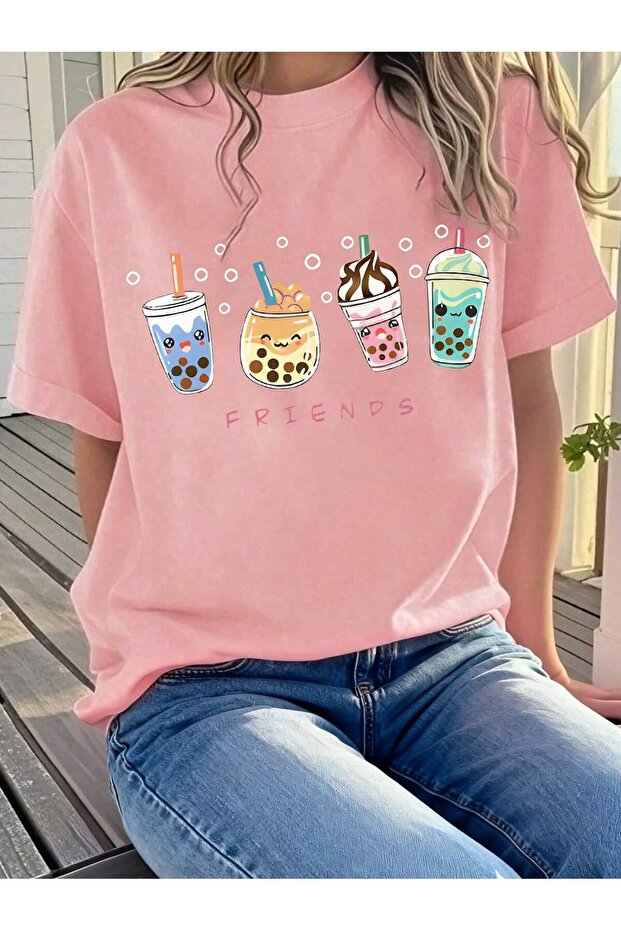 Girl's Friends Printed Oversized Comfortable Daily Use Combed Cotton T-Shirt