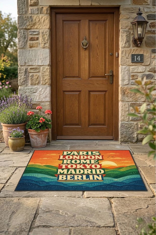Retro World Capitals Digital Print Piece Home Office Workplace Outside Door Mat 45X70Cm