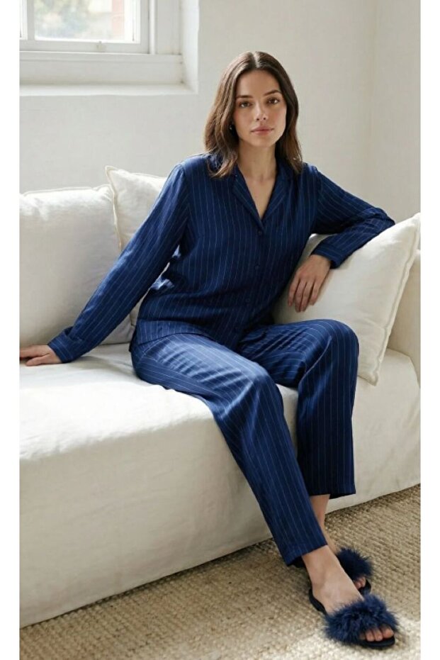 Women's Cotton Piece Shirt Collar Striped Long Pajama Set