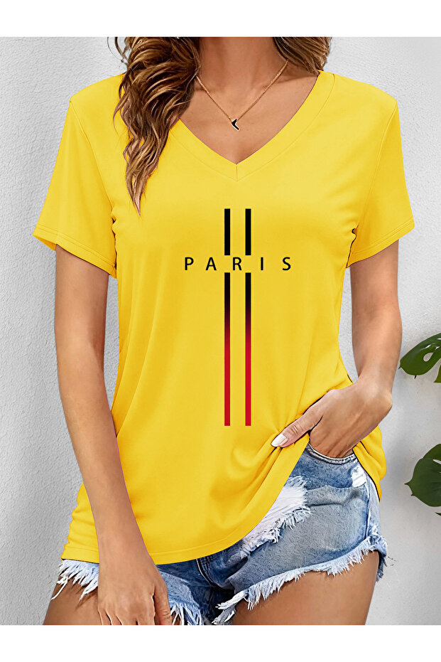 Women's Paris Printed V-Neck Sleeved Regular Fit T-Shirt